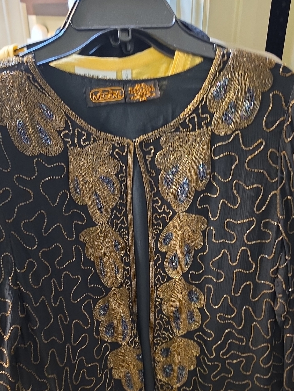 Vintage Megere Black Silk Jacket with Gold Beaded Floral Embroidery Size Pm